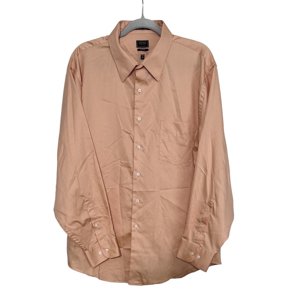 Arrow USA 1851 Mens Peach Orange Sateen Dress Shirt Fitted 18 34/35 Wrinkle Free